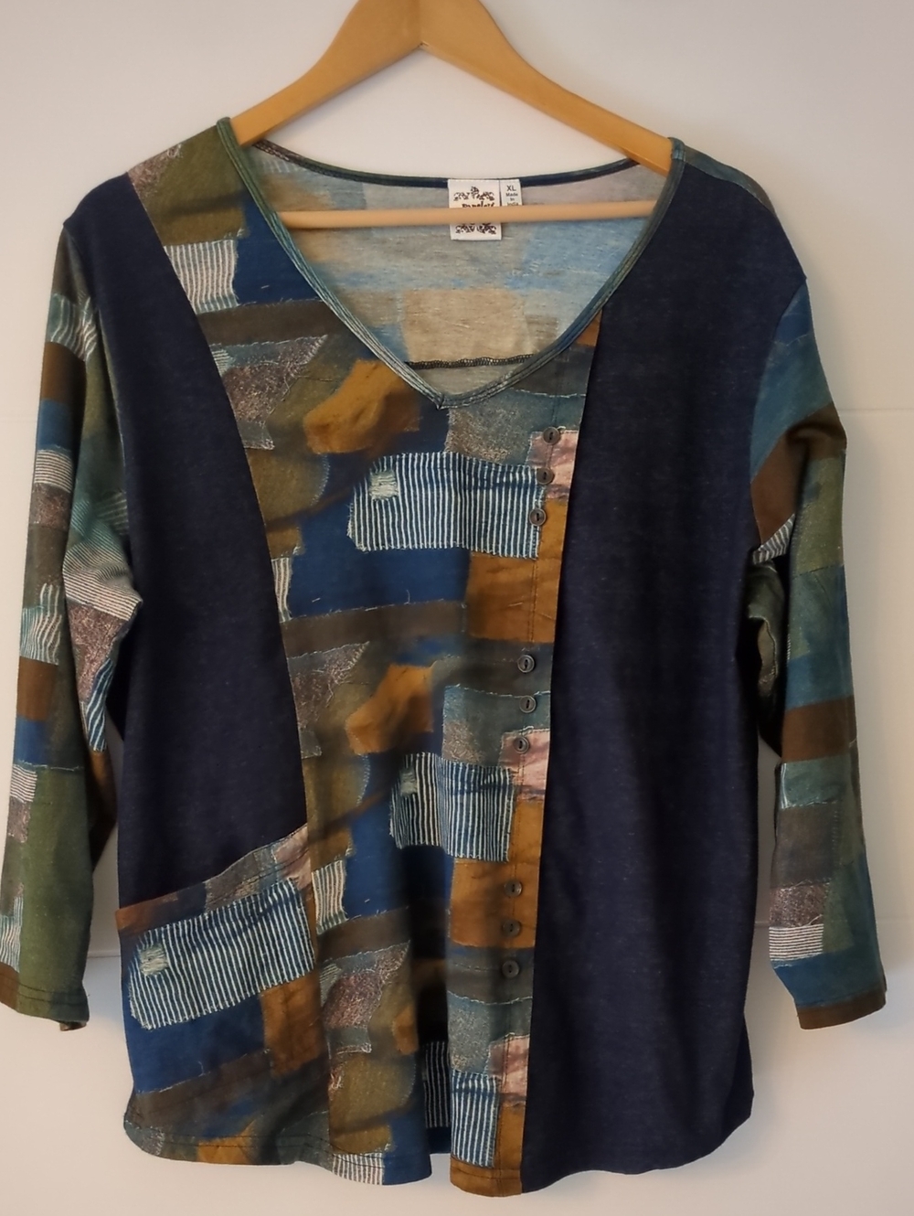 Parsley & Sage Patchwork V-Neck 3/4 Sleeve Boho Top Blue and Olive Sz XL